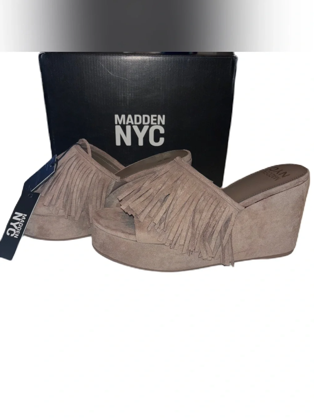 Madden NYC Fringe Wedge Slide Sandals Taupe Faux Suede Platform Size 9 NWT